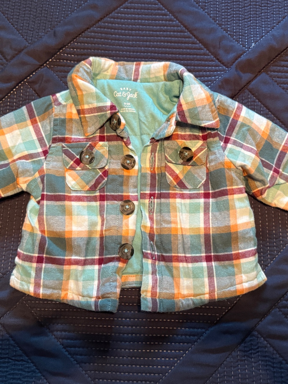 Quilted Multicolor Plaid Button-Front Shirt Jacket - Teal, Orange & Burgundy